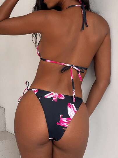 طقم تانكيني حريمي Swim Vcay مجموعة سباغيتي الفاتحة بدون ظهر مطبوعة بطبعات زهور للصيف والاصطياف، وشورت سباحة مربوط الجوانب، ملابس سباحة بيكيني مناسبة للشاطئ والعطلات