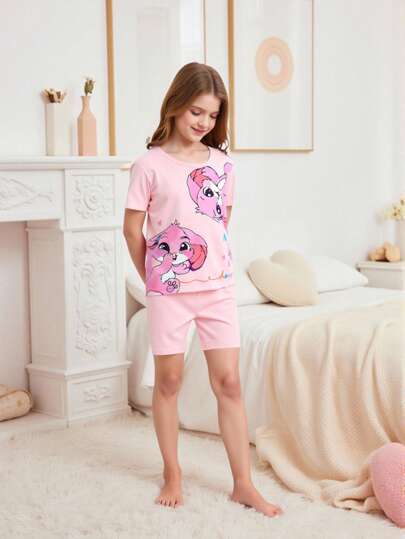 بيجاما 4 أجزاء بيجامة طقم أرانب للبنات، طبعات أرانب جميلة على ملابس علوية أكمام قصيرة وشورت، قماش محبك خفيف الوزن، تصميم بسيط للتنسيق السهل، ممتاز للاسترخاء في المنزل (يباع مجموعتان بشكل منفصل)