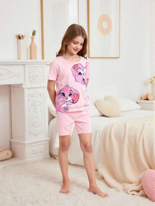 بيجاما 4 أجزاء بيجامة طقم أرانب للبنات، طبعات أرانب جميلة على ملابس علوية أكمام قصيرة وشورت، قماش محبك خفيف الوزن، تصميم بسيط للتنسيق السهل، ممتاز للاسترخاء في المنزل (يباع مجموعتان بشكل منفصل)