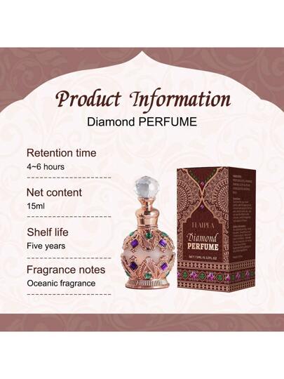 زيت عطري قطرة قماش 15مل بنكهة الألماس على الطراز الشرق أوسطي، مصمم للنساء، برائحة زهرية فاكهية تتضمن روائح الورد والمسك والليمون والجوز الهند والفانيليا والياسمين، خالي من الكحول