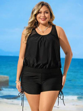طقم تانكيني حريمي Swim Lushoire مجموعة بكيني بيكيني بحجم كبير للنساء قطعتين من اللون الأحادي بتصميم مزخرف بقطع شبكية لتحكم بالبطن وظهر مكشوف