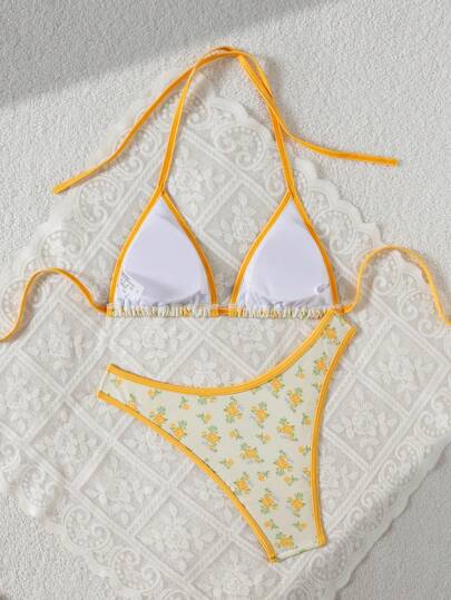 Swim Mod مجموعة بكيني للنساء مكونة من 2 قطعة، طباعة عشوائية، حمالة رفيعة قابلة للتعديل وبنطلون كيني أسفل، مجموعة بيكيني جذابة