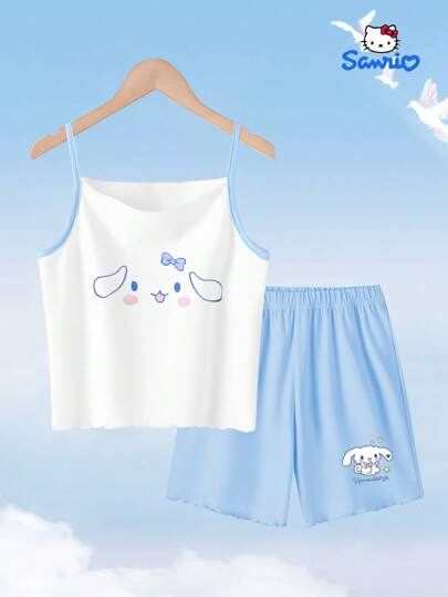 بيجاما Sanrio مجموعة أثاث منزلي لطيف وحلو للأطفال ، بطبعات الكلب الكرتوني ذي الأذنين الكبيرة من ساريو، سترة علوية قصيرة بدون أكمام وشورت أزرق عصري وكاجوال للفتيات