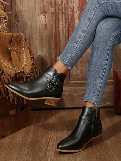 بوت قصيرة جلدية للنساء بكعب سميك مدبب الأصبع، ديكور إبزيم حزام، بوت قصيرة عصرية، تصميم سحاب جانبي كعب سميك كعب عالي بوت غربية قصيرة، بوت بانك رائعة