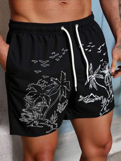 Manfinity Swimmode شورت كاجوال بخصر ربطة وطبعة نخيل للرجال، قصير سباحة بطبعات جرافيك، شورتات سباحة رجالي ملائمة منسقة بطبعات جرافيك للرجال، شورتات شاطئ للرجال شورتات سباحة مجموعة، طراز كاجوال أنيق للاستخدام الخارجي و الشاطئ، هاواي
