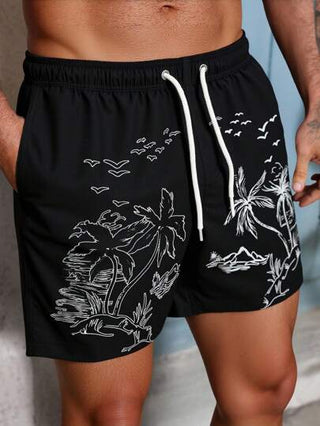Manfinity Swimmode شورت كاجوال بخصر ربطة وطبعة نخيل للرجال، قصير سباحة بطبعات جرافيك، شورتات سباحة رجالي ملائمة منسقة بطبعات جرافيك للرجال، شورتات شاطئ للرجال شورتات سباحة مجموعة، طراز كاجوال أنيق للاستخدام الخارجي و الشاطئ، هاواي