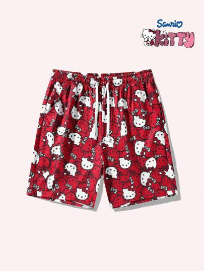 Sanrio شورتات قصيرة منسوجة مطبوعة عليها هلو كيتي، أنيقة وجذابة للرجال، قماش ناعم ومريح، مناسبة للارتداء داخل المنزل وخارجه