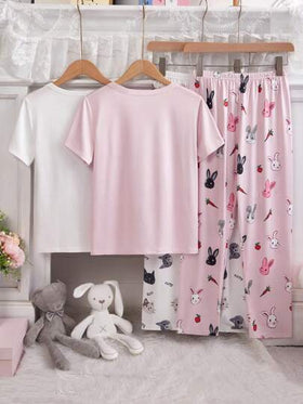 SHEIN 4 قطع بجامة فتاة مراهقة، توب قصير الأكمام وبنطلون طويل، برسومات أرنب وقطة جميلة، قماش ناعم ومريح، طراز بسيط للتنسيق السهل، مناسب لجميع الفصول (تباع 2 مجموعات بشكل منفصل)