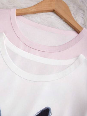 SHEIN 4 قطع بجامة فتاة مراهقة، توب قصير الأكمام وبنطلون طويل، برسومات أرنب وقطة جميلة، قماش ناعم ومريح، طراز بسيط للتنسيق السهل، مناسب لجميع الفصول (تباع 2 مجموعات بشكل منفصل)