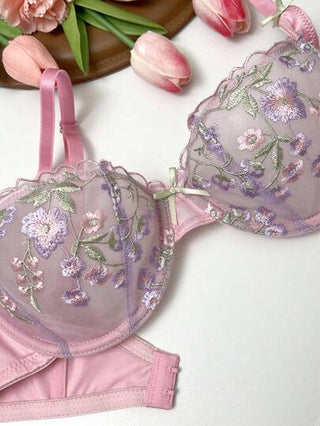 FloralLove حمالة صدر نسائية مطرزة بشكل أزهار رومانسية جميلة، شبكية بخطاف، كاواييي