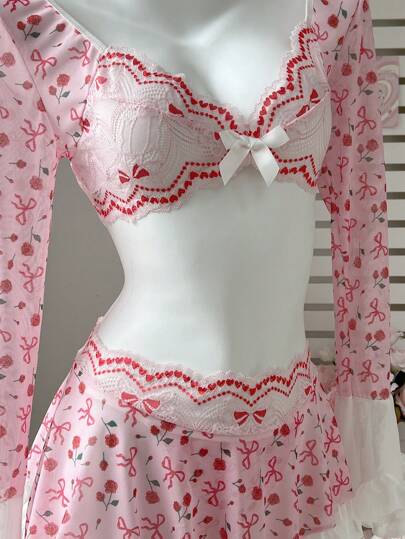 PetitDoll 3 قطع/مجموعة مجموعة ملابس داخلية نسائية من الشبك الخفيف والرقعي الخاص