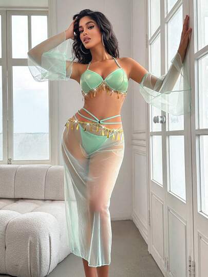 Fantasy Costume طقم ملابس داخلية نسائية مكون من 5 قطع بتصميم أسلوب استوائي إغرائي - حمالة صدر لا سلكية،سروال كلوت، تنورة قصيرة، أكمام الذراع