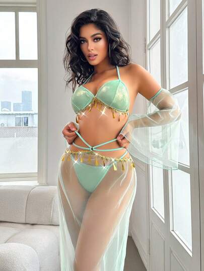 Fantasy Costume طقم ملابس داخلية نسائية مكون من 5 قطع بتصميم أسلوب استوائي إغرائي - حمالة صدر لا سلكية،سروال كلوت، تنورة قصيرة، أكمام الذراع