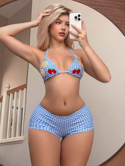 Swim Mod بيكيني ذو رقبة هولتر بدون ظهر مطبوع بالفاكهة والشورت المربع 2 قطعة/مجموعة للنساء، ملابس سباحة شاطئية