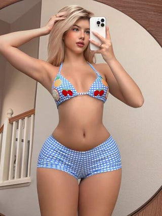Swim Mod بيكيني ذو رقبة هولتر بدون ظهر مطبوع بالفاكهة والشورت المربع 2 قطعة/مجموعة للنساء، ملابس سباحة شاطئية