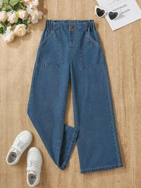 SHEIN بنطلون جينز كاجوال بوهيمي للفتيات المراهقات، ذو جيوب مائلة وساق واسعة، مناسب للاستخدام اليومي