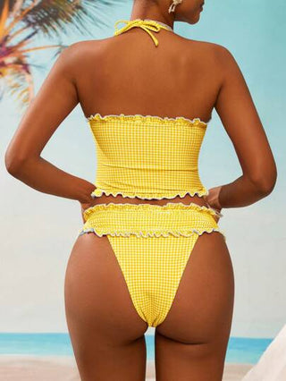 طقم تانكيني حريمي Swim Mod طقم سترة وبكيني بنقشة مربعات عذبة طازجة مناسبة للشاطئ والأجازات الصيفية للنساء