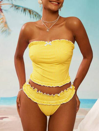 طقم تانكيني حريمي Swim Mod طقم سترة وبكيني بنقشة مربعات عذبة طازجة مناسبة للشاطئ والأجازات الصيفية للنساء