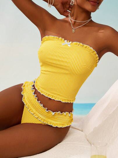 طقم تانكيني حريمي Swim Mod طقم سترة وبكيني بنقشة مربعات عذبة طازجة مناسبة للشاطئ والأجازات الصيفية للنساء
