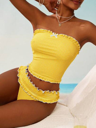 طقم تانكيني حريمي Swim Mod طقم سترة وبكيني بنقشة مربعات عذبة طازجة مناسبة للشاطئ والأجازات الصيفية للنساء