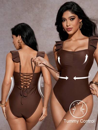 مايوه حريمي قطعة واحدة Shapewave ملابس سباحة ذات نحت لتقوية البطن مع أشرطة الخلف المكسرة والتصميم ذو الخصر المرتفع