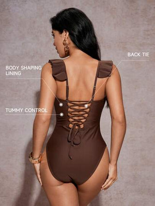 مايوه حريمي قطعة واحدة Shapewave ملابس سباحة ذات نحت لتقوية البطن مع أشرطة الخلف المكسرة والتصميم ذو الخصر المرتفع
