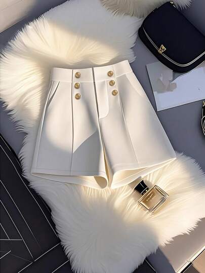 SHEIN Clasi شورت أنيق وبسيط للنساء بجيوب عملية وأزرار زخرفية في قصة A-Line، باللون الأحادي، مناسب للربيع والصيف