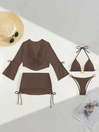 طقم تانكيني حريمي Swim SXY مجموعة من 4 قطع تشمل: بيكيني بأربطة سبغيتي ثلاثية الأضلاع صلبة، بلوزة طويلة الأكمام شبه شفافة فضفاضة، وتنورة ميني بخصر متجعد وربطة، بلوزة سبغيتي سباحة أنيقة للمناسبات والحفلات على الشاطئ