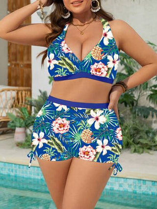 Swim Lushoire طقم ثلاثي القطع من البدلة السباحية مع طبعات عشوائية للنساء البدينات ، مصمم لإخفاء الوزن الزائد