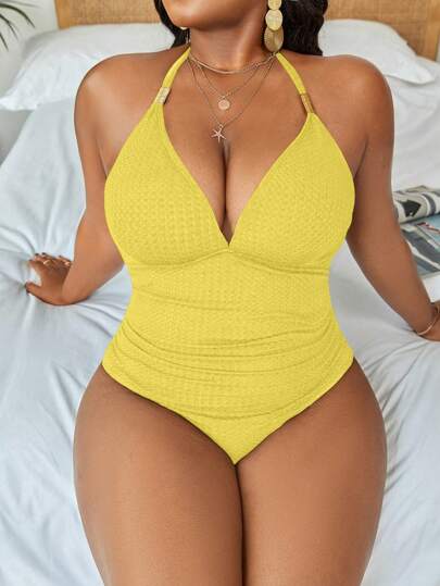 SHEIN Swim Curve بدلة سباحة صيفية كاملة للمرأة ذات الحجم الكبير بحمالات رفيعة