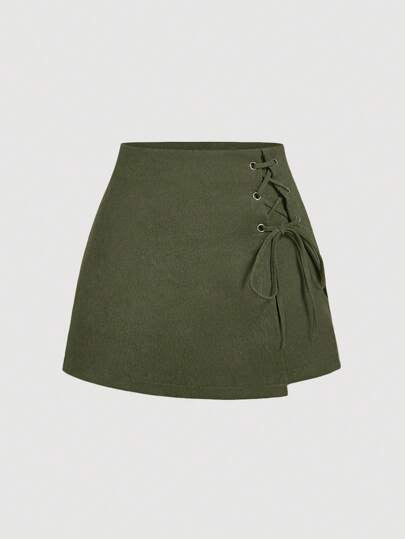 SHEIN MOD بنطلون كيولوت كاجوال للنساء بلون الجيش الأخضر الرجعي مع ربطة متقاطعة، ملابس ريفية للنساء، ملابس غربية للنساء، كيولوت رجعية، أسلوب المال القديم للنساء، ملابس رجعية للنساء