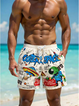 Manfinity Swimmode شورتات شاطئ كاجوال مطبوعة برسوم كرتونية للرجال، شورتات سباحة للرياضة والخارج في الصيف، ملابس شاطئ للرجال بطبعات هاواي وكرتون وأنمي وفضائيات