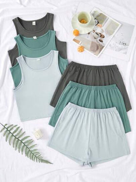 SHEIN 3 قطع طقم ملابس علوية وشورت باللون الأحادي، أزياء صيفية أنيقة للنساء