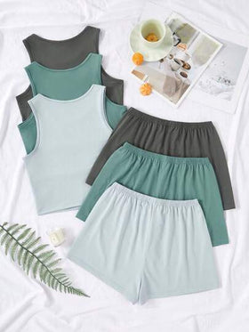 SHEIN 3 قطع طقم ملابس علوية وشورت باللون الأحادي، أزياء صيفية أنيقة للنساء