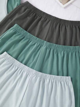 SHEIN 3 قطع طقم ملابس علوية وشورت باللون الأحادي، أزياء صيفية أنيقة للنساء