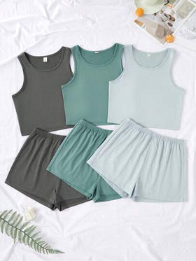 SHEIN 3 قطع طقم ملابس علوية وشورت باللون الأحادي، أزياء صيفية أنيقة للنساء