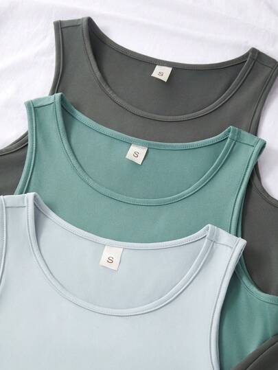SHEIN 3 قطع طقم ملابس علوية وشورت باللون الأحادي، أزياء صيفية أنيقة للنساء