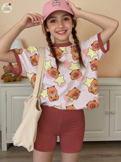 girls-sets مجموعة قميص كم قصير و شورت تنورة بطبعة قبطور كرتونية جميلة، بألوان البطيخ، مناسبة للبنات المراهقات في الصيف، 2 قطعة في المجموعة