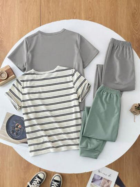 SHEIN مجموعة من 4 قطع لصبي بتصميم خطوط مصمم رياضي بفتحة رقبة وأكمام قصيرة مع بنطال، مناسب لارتداء في الخروجات والمدرسة واليومي والرياضة، للربيع والصيف