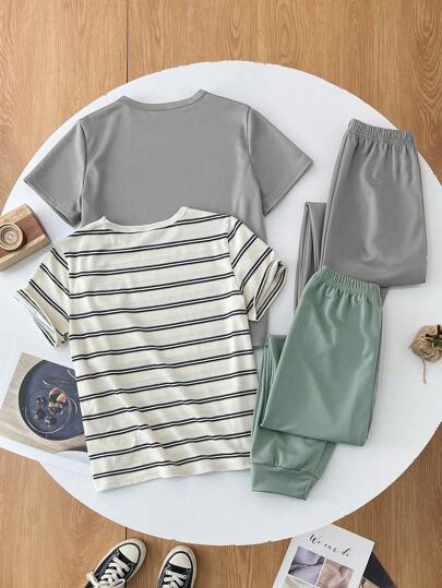 SHEIN مجموعة من 4 قطع لصبي بتصميم خطوط مصمم رياضي بفتحة رقبة وأكمام قصيرة مع بنطال، مناسب لارتداء في الخروجات والمدرسة واليومي والرياضة، للربيع والصيف