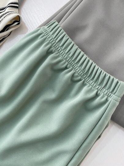 SHEIN مجموعة من 4 قطع لصبي بتصميم خطوط مصمم رياضي بفتحة رقبة وأكمام قصيرة مع بنطال، مناسب لارتداء في الخروجات والمدرسة واليومي والرياضة، للربيع والصيف
