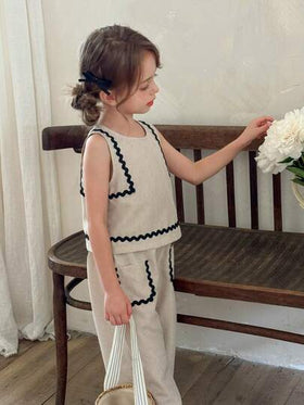 LMoss Kids 2 حبة طقم للفتاة الصغيرة: ملابس علوية كامي رقبة دائرية أحادي اللون وبنطلون فضفاض كاجوال