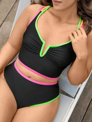 Swim SPRTY بدلة السباحة الحجم الكبير للنساء ذات قطعتين ، البلوزة حرف V ، خطوط وألوان متباينة باللونين الأسود والرمادي، ملابس شاطئ كاجوال