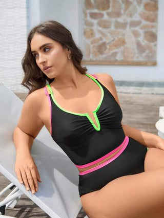Swim SPRTY بدلة السباحة الحجم الكبير للنساء ذات قطعتين ، البلوزة حرف V ، خطوط وألوان متباينة باللونين الأسود والرمادي، ملابس شاطئ كاجوال