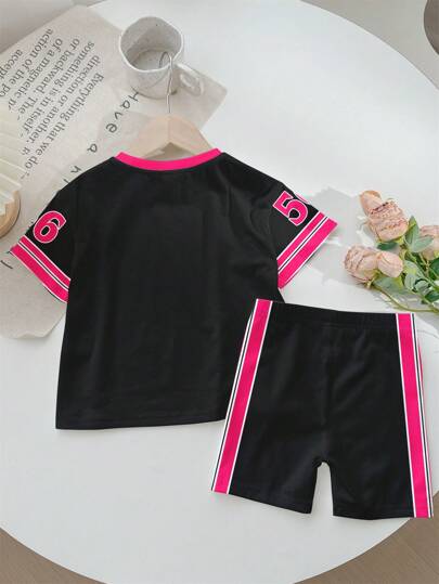 SHEIN 2 قطعة / مجموعة طقم ملابس نسائية رياضي كاجوال، تشمل: تيشيرت جرافيك 56 مطبوع عليه شعار "كل يوم مميز" وأكمام ملونة متباينة، شورت دراجة متناسق، مناسب للصيف، الرياضة، اللياقة البدنية، التسوق والأنشطة الاجتماعية