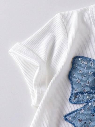 SHEIN مجموعة قميص وبنطال كاجوال 2 قطعة للبنات، قميص رقبة دائرية بتطريز فراشة وأكمام قصيرة، وبنطال كارجو، مناسب لفصلي الربيع والصيف