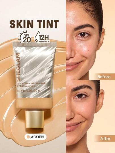 SHEGLAM Dew & Done ملون خفيف للبشرة مع Spf20-Acorn علامة تجارية جمال مكياج ميكب مستحضرات تجميل للنساء الفتيات مثالي لفصل الشتاء الربيع مثالي ل- Y2K أزياء أنيقة رمضان هدية حفلة جاهز أفضل لون