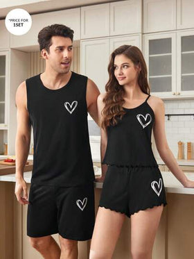 SHEIN طقم سترة بلا أكمام ذات طباعة قلب وبيجامة للاستخدام المنزلي للرجال