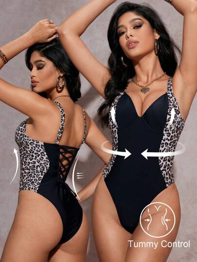 مايوه حريمي قطعة واحدة Shapewave بذلة سباحة نسائية قطعة واحدة بأربطة مطبوعة مزينة بالدانتيل مع دعامة رفع الصدر