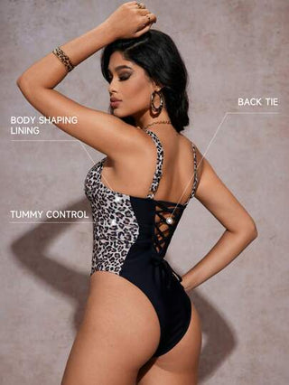مايوه حريمي قطعة واحدة Shapewave بذلة سباحة نسائية قطعة واحدة بأربطة مطبوعة مزينة بالدانتيل مع دعامة رفع الصدر